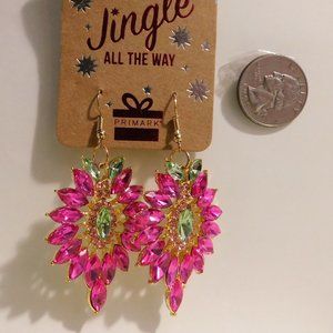 Jingle Ladies Drop Dangle Earrings Pink Green Gold Tones Hook Fasteners